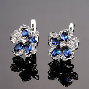 Pure 92.5 Sterling Silver Blue Sapphire CZ Flower Studs - Enumu