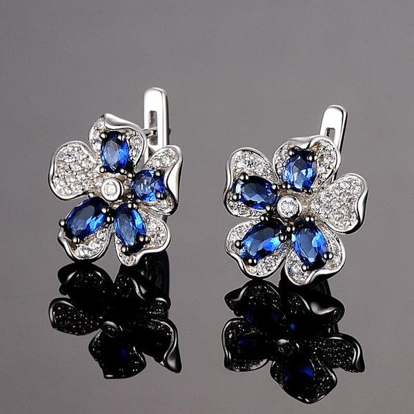Pure 92.5 Sterling Silver Blue Sapphire Flower Set - Enumu