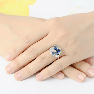 Pure 92.5 Sterling Silver Blue Sapphire CZ Flower Ring - Enumu
