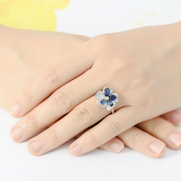 Pure 92.5 Sterling Silver Blue Sapphire CZ Flower Ring - Enumu
