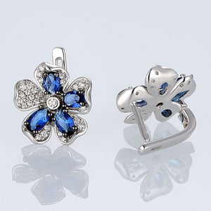 Pure 92.5 Sterling Silver Blue Sapphire CZ Flower Studs - Enumu