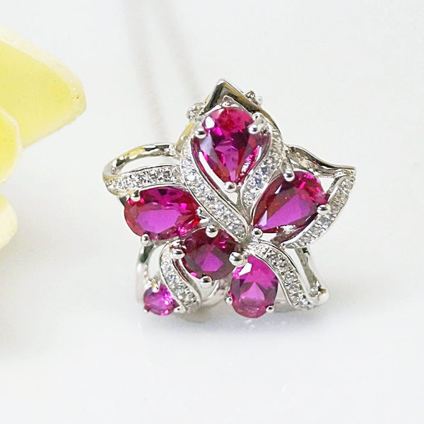 Pure 92.5 Sterling Silver Ruby Designer Flower Pendant with Chain - Enumu