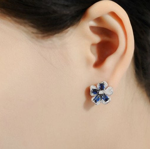 Pure 92.5 Sterling Silver Blue Sapphire Flower Set - Enumu