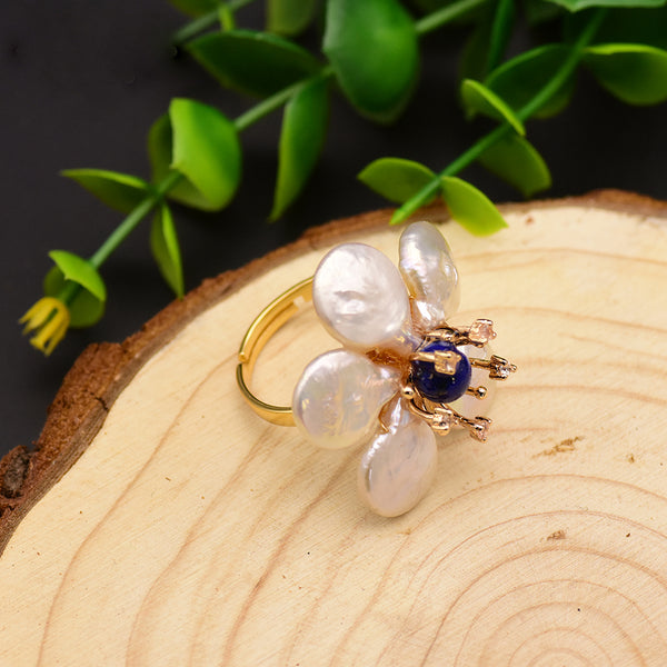 Huge Sterling Silver Natural Pearl Lapis Lazuli Adjustable Ring - Enumu