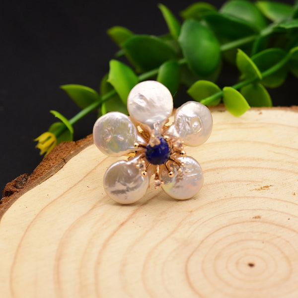 Huge Sterling Silver Natural Pearl Lapis Lazuli Adjustable Ring - Enumu