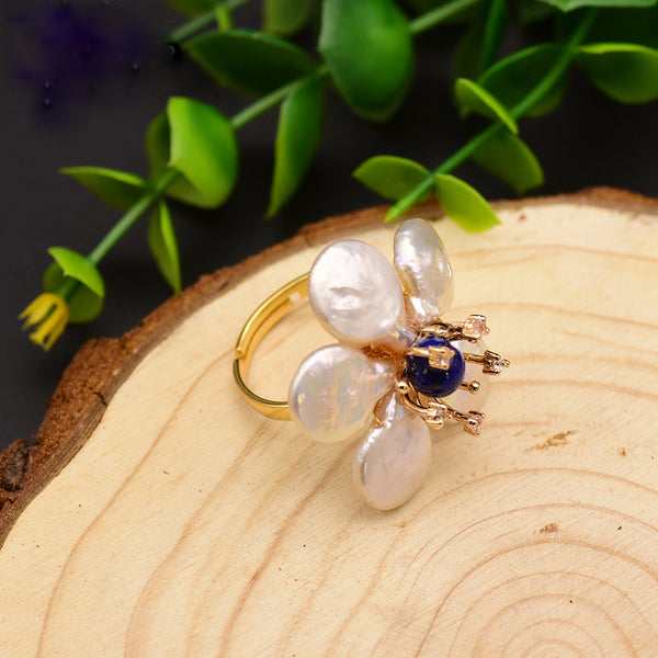 Huge Sterling Silver Natural Pearl Lapis Lazuli Adjustable Ring - Enumu