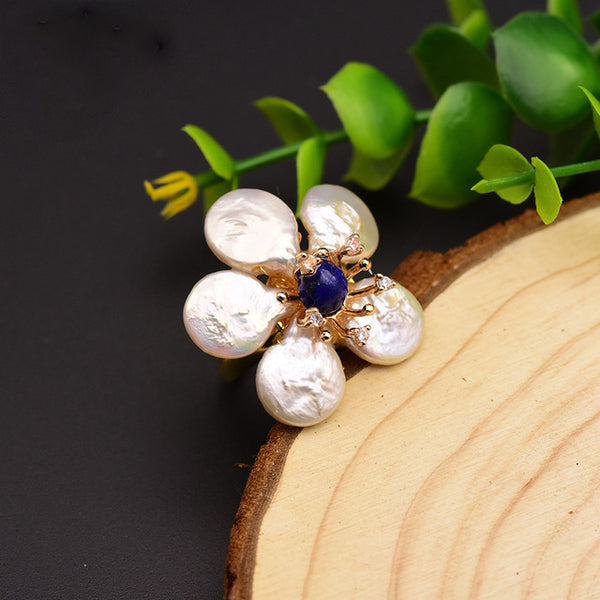 Huge Sterling Silver Natural Pearl Lapis Lazuli Adjustable Ring - Enumu