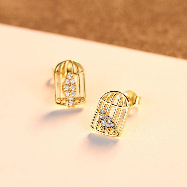 Pure 92.5 Sterling Silver A Bird in a Cage Studs - Enumu