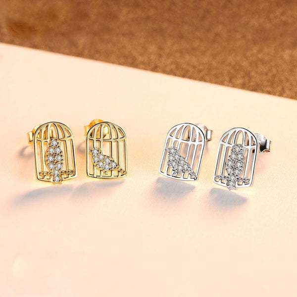 Pure 92.5 Sterling Silver A Bird in a Cage Studs - Enumu