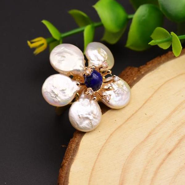 Huge Sterling Silver Natural Pearl Lapis Lazuli Adjustable Ring - Enumu