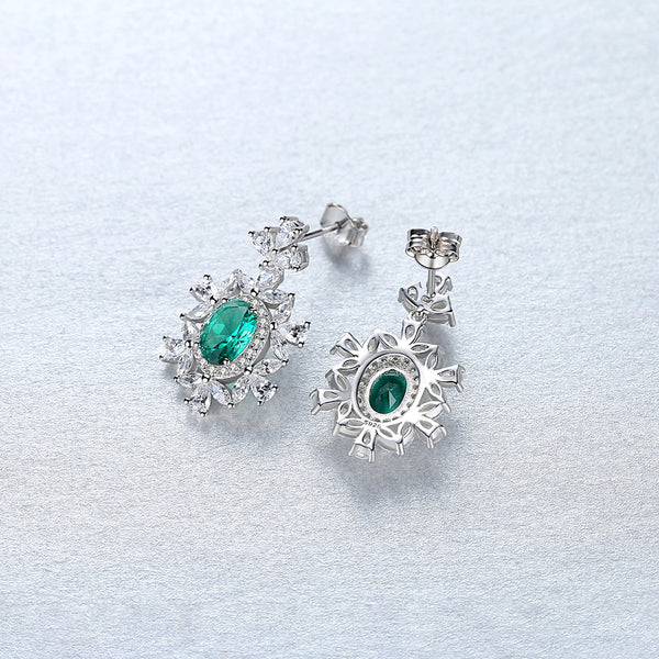 PURE 92.5 STERLING SILVER EMERALD & CZ DANGLE EARRINGS - Enumu