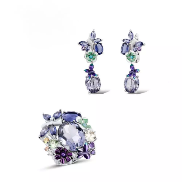 Pure 92.5 Sterling Silver Amethyst Earrings and Huge Ring Set - Enumu