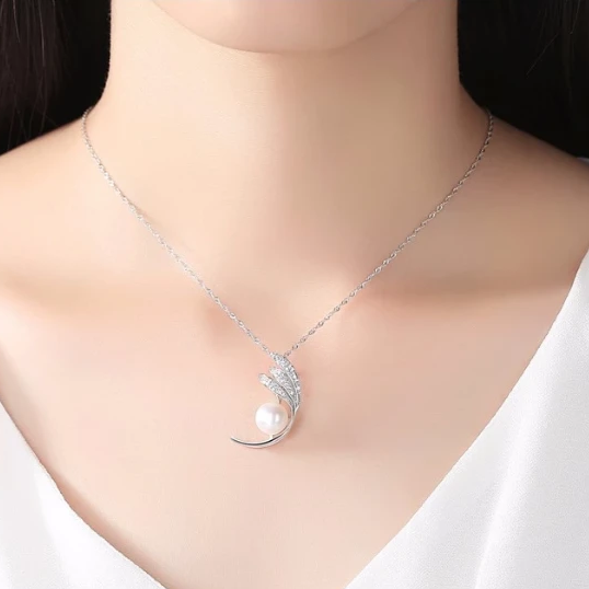 Sterling Silver Leaves Pearl Pendant with Chain - Enumu