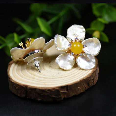 Huge Sterling Silver Baroque Pearl and Yellow Jade Studs - Enumu