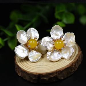 Huge Sterling Silver Baroque Pearl and Yellow Jade Studs - Enumu