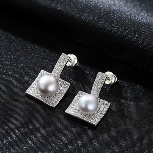 Sterling Silver Natural Gray Pearl Square Dangle Earrings - Enumu