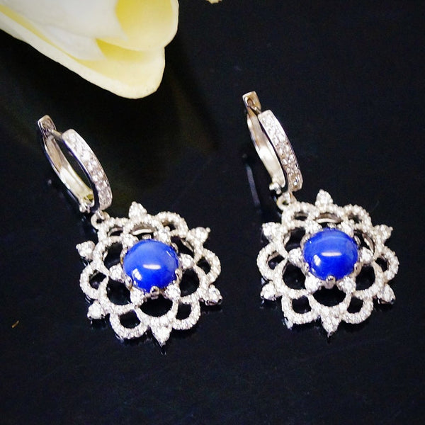 Pure 92.5 Sterling Silver Star Blue Sapphire Stone & CZ Dangle Earrings - Enumu