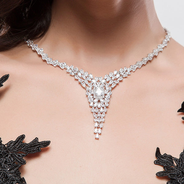 Grand Wedding Big Zircon Necklace with Earrings - Enumu