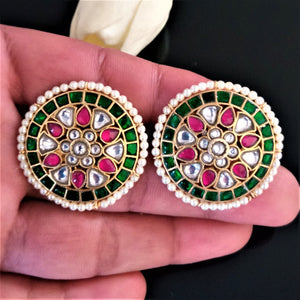 Super Big Pure Silver Kundan Pearl Studs - Enumu