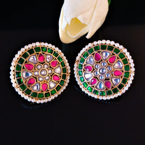 Super Big Pure Silver Kundan Pearl Studs - Enumu