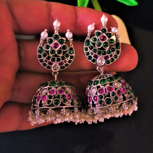 Huge Handmade Pure Silver Emerald Jhumki / Jhumkas Earrings - Enumu