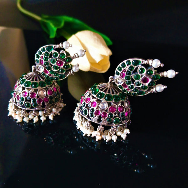 Huge Handmade Pure Silver Emerald Jhumki / Jhumkas Earrings - Enumu