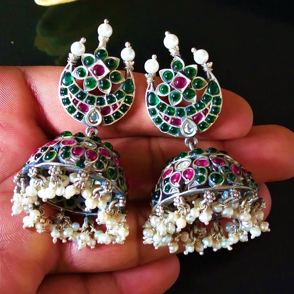 Huge Handmade Pure Silver Emerald Jhumki / Jhumkas Earrings - Enumu