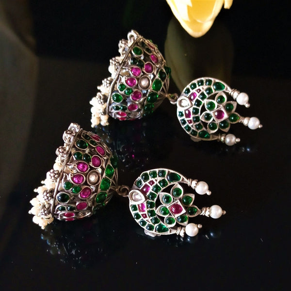 Huge Handmade Pure Silver Emerald Jhumki / Jhumkas Earrings - Enumu