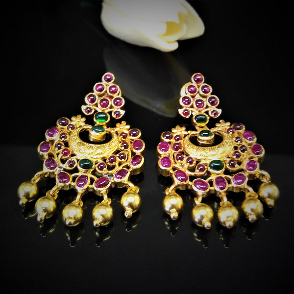 Pure Silver Uncut Ruby Emerald Chand Bali Earrings - Enumu