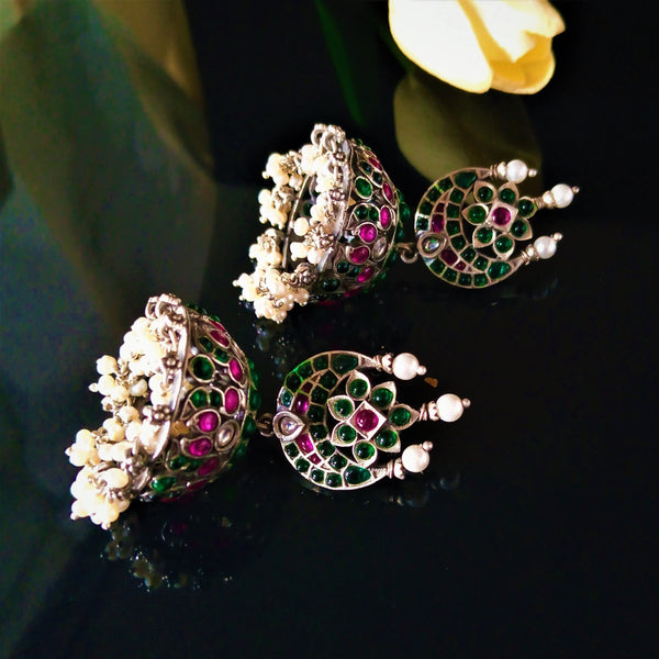 Huge Handmade Pure Silver Emerald Jhumki / Jhumkas Earrings - Enumu