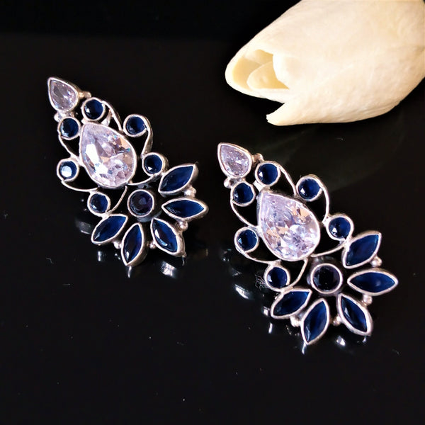 Handmade Pure Silver Oxidized Sapphire CZ Studs - Enumu