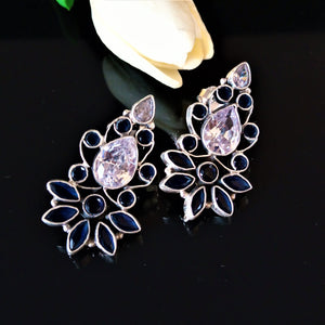 Handmade Pure Silver Oxidized Sapphire CZ Studs - Enumu