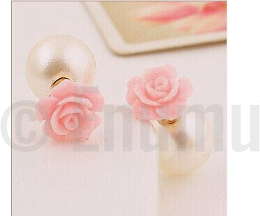 Double Side Pink Rose and Pearl Studs - Enumu
