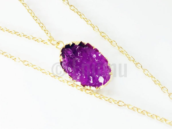 Purple & White Druzy Double Pendant with Chain - Enumu