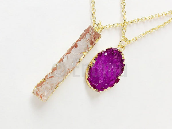Purple & White Druzy Double Pendant with Chain - Enumu