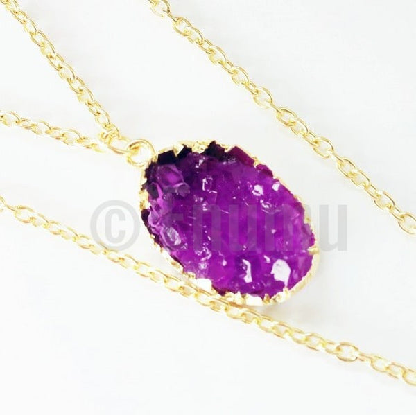 Purple & White Druzy Double Pendant with Chain - Enumu