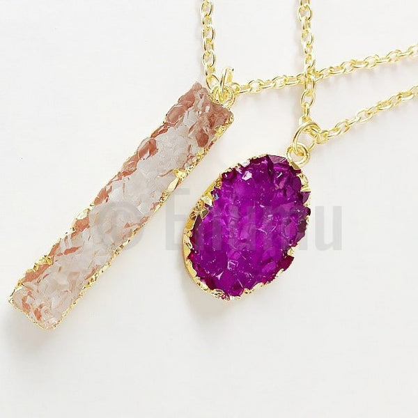 Purple & White Druzy Double Pendant with Chain - Enumu
