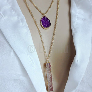 Purple & White Druzy Double Pendant with Chain - Enumu