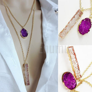 Purple & White Druzy Double Pendant with Chain - Enumu