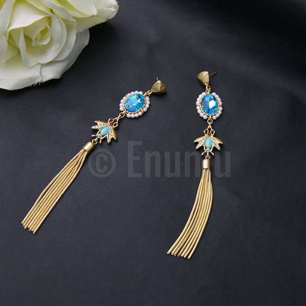 Super Long Light Blue Tassel Earrings - Enumu