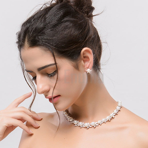 Single Line Pearl Necklace Set - Enumu
