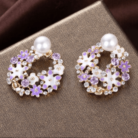 Purple Flower and Pearl Stud Earrings - Enumu