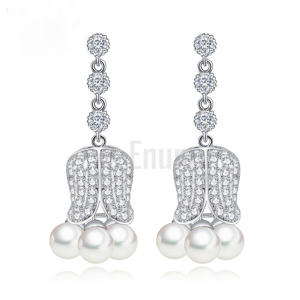 Rose Bud Pearl Dangle Earrings - Enumu