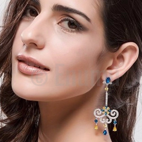 Classy Blue Sapphire Long Dangle Earrings - Enumu