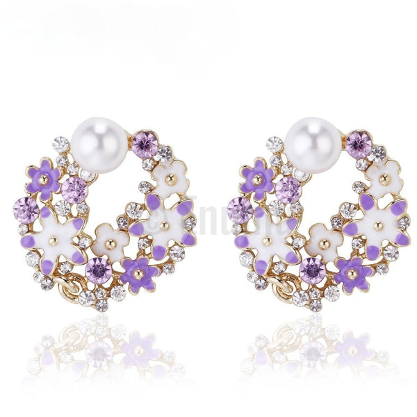 Purple Flower and Pearl Stud Earrings - Enumu