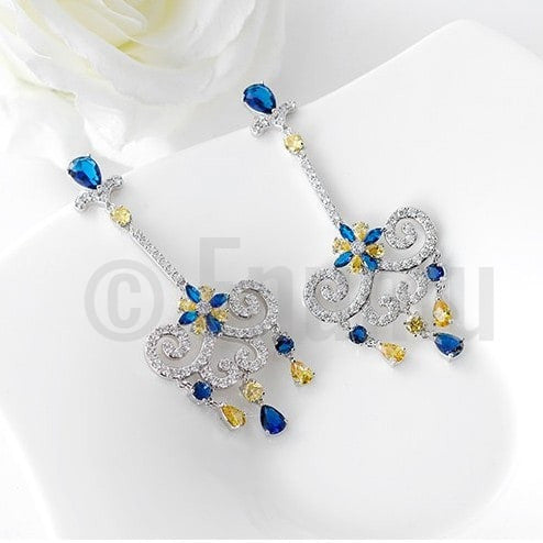 Classy Blue Sapphire Long Dangle Earrings - Enumu