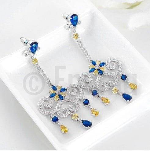 Classy Blue Sapphire Long Dangle Earrings - Enumu