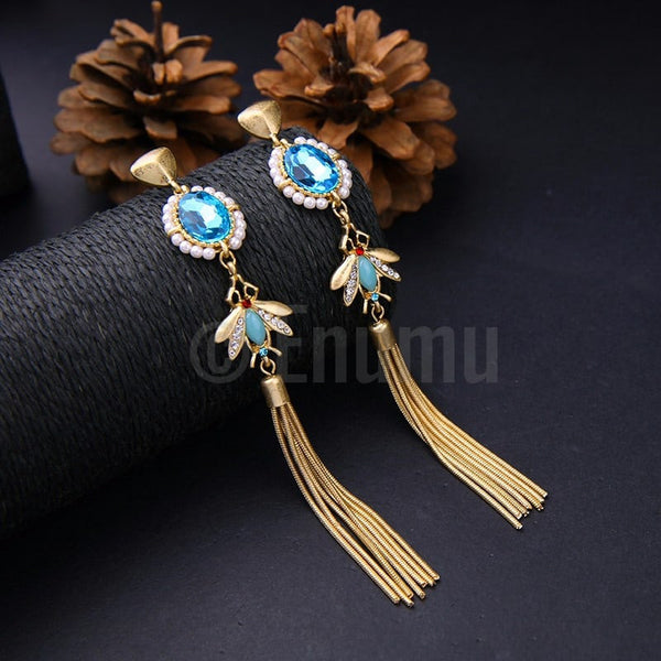 Super Long Light Blue Tassel Earrings - Enumu