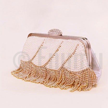 Pearl and Gold Tassel Party Evening Clutch - Enumu