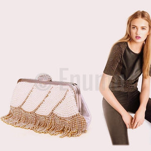 Pearl and Gold Tassel Party Evening Clutch - Enumu